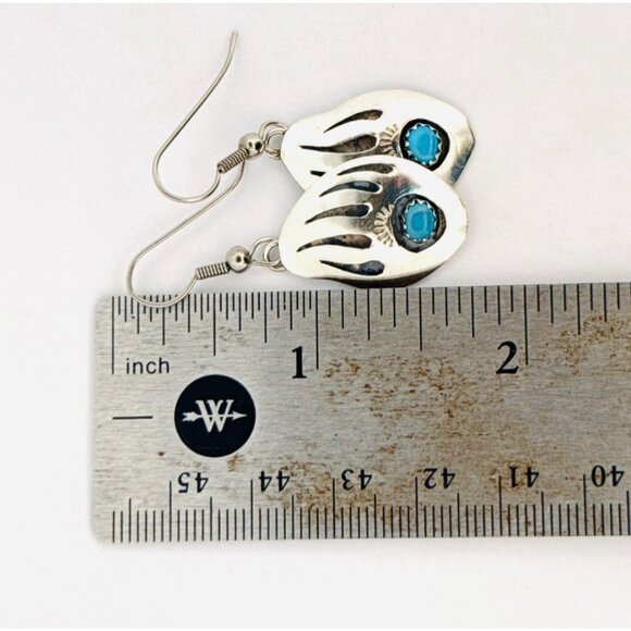 Estate Sterling Silver Bear Paw Turquoise Gem Dangle Earrings 925 Native Style - Picture 6 of 8